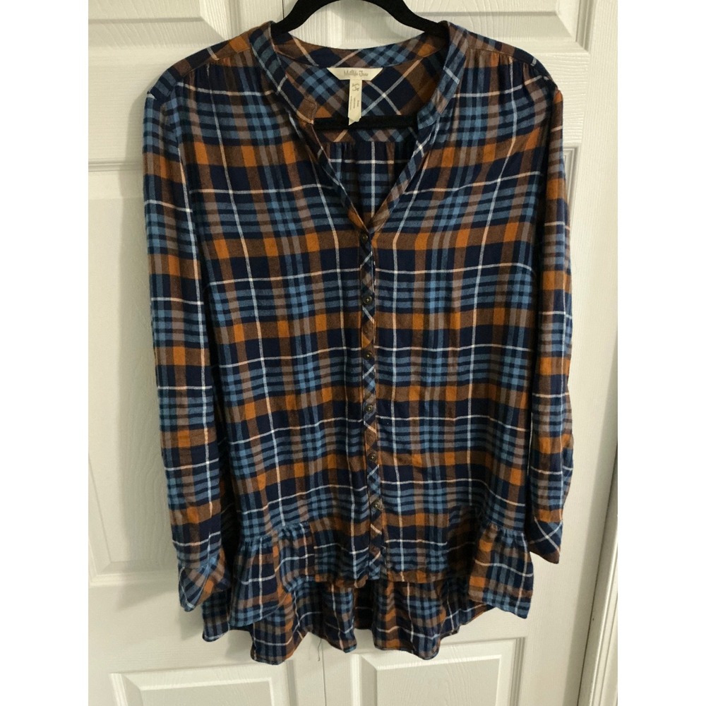 Matilda Jane Plaid Tunic Shirt Women Blue Brown Ruffle Hem Long Sleeve Button Up